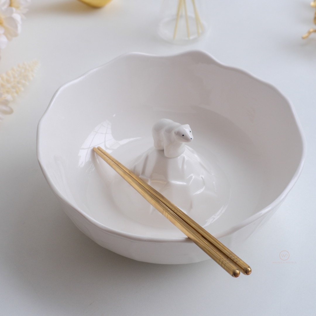 Contemporary white ceramic bowl with unique bear design with Chopsticks