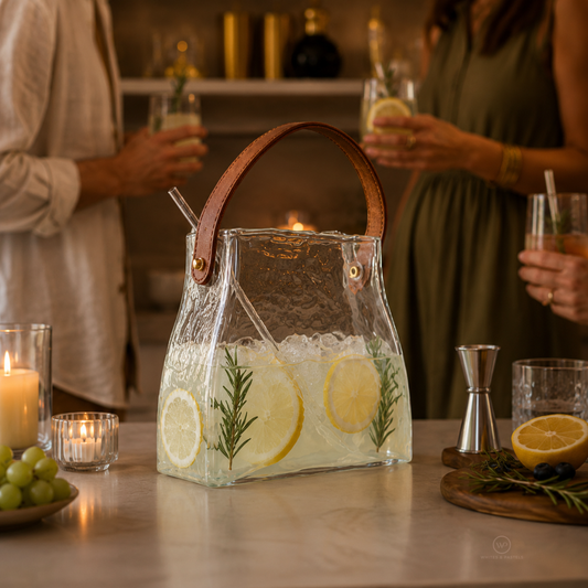 Decorative hammered glass beverage jar with leather carry strap and premium finish.