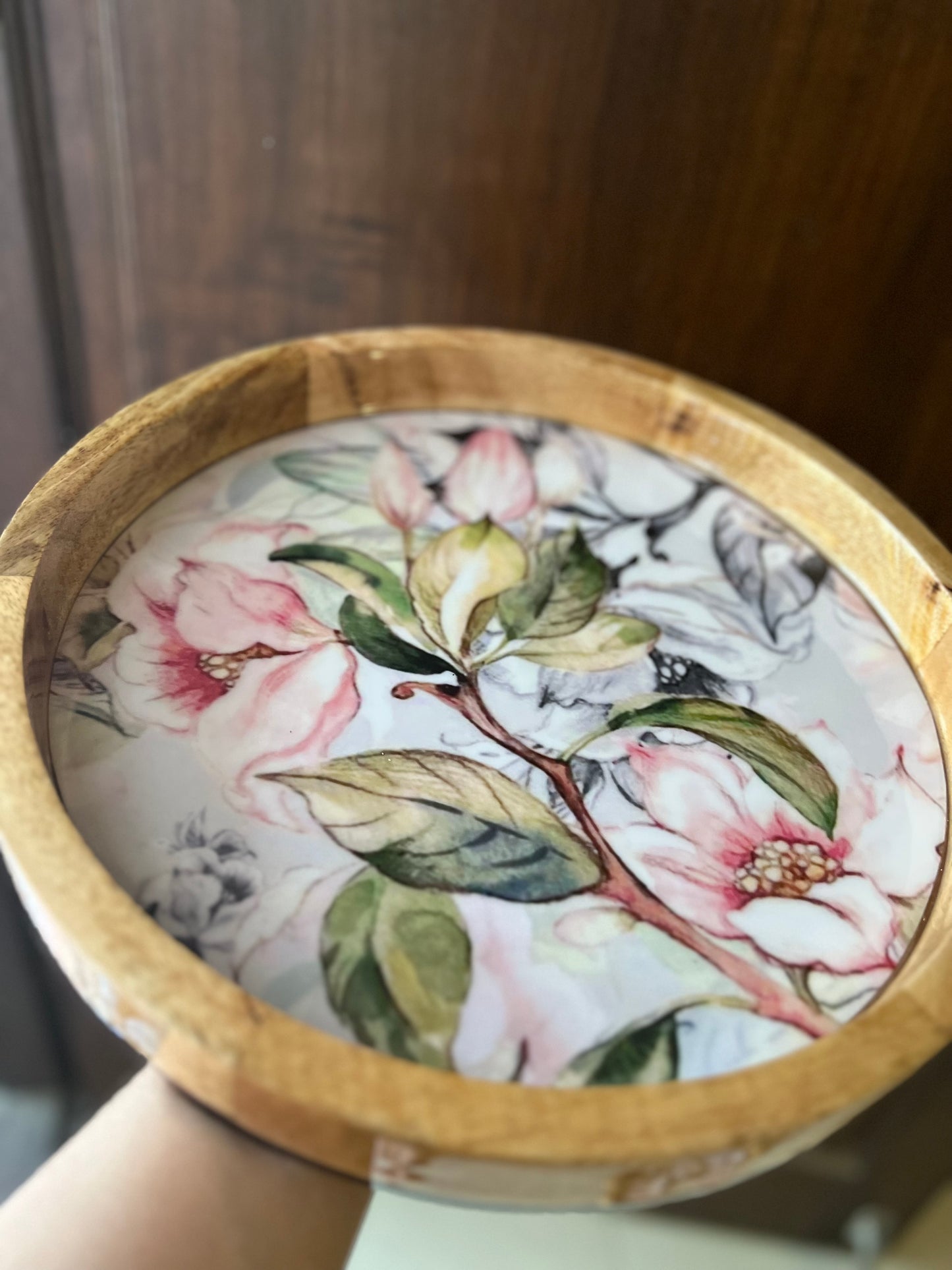 Wooden Pink Tray with Flower design