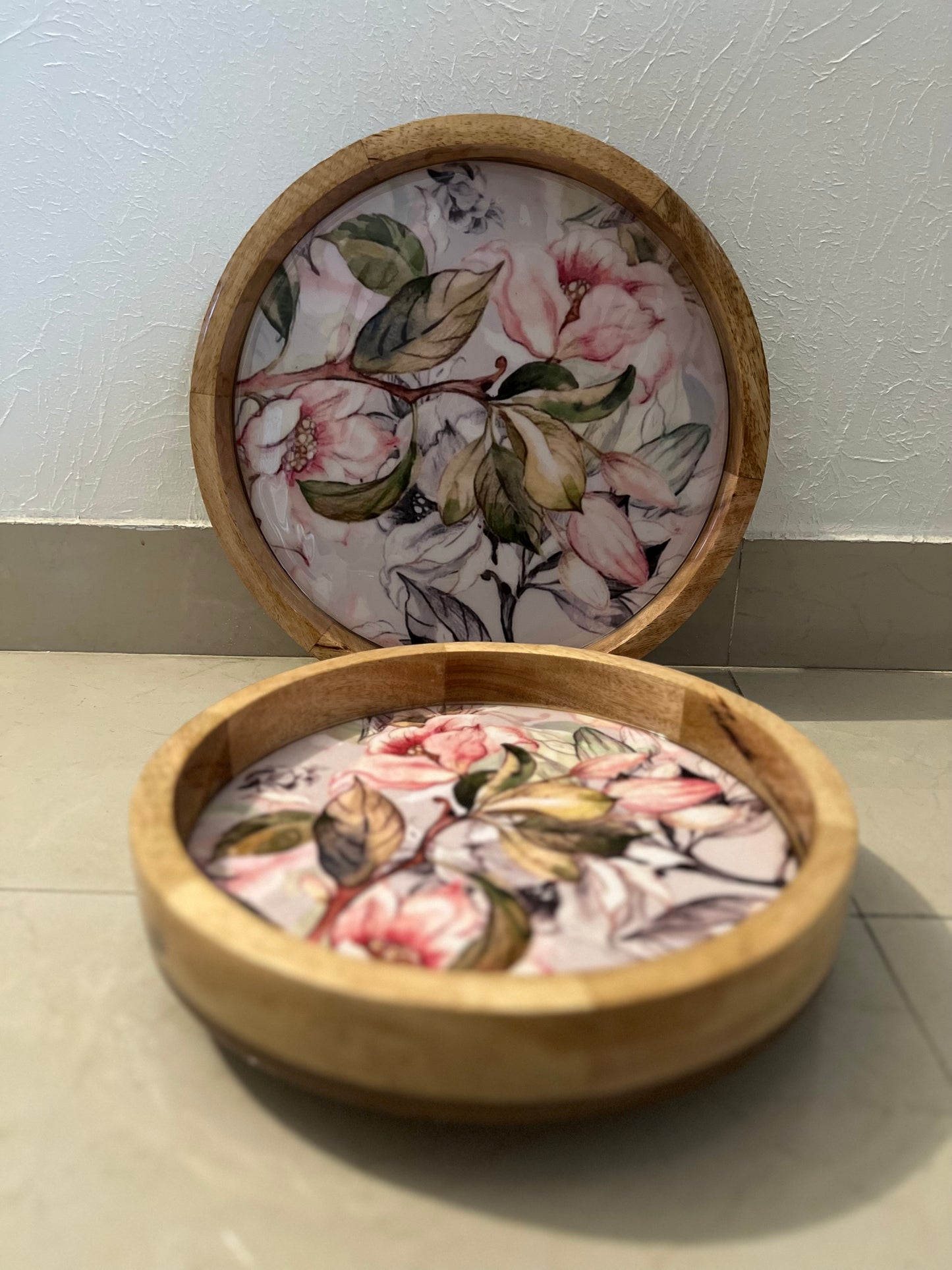 Tray cum Table - Wooden Side Table - Pastel Pink Flower design