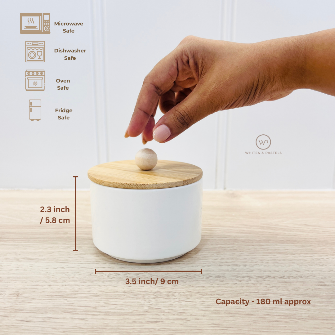 Small White Ceramic Jar with Wooden Lid – 180 ml Multipurpose Storage Container