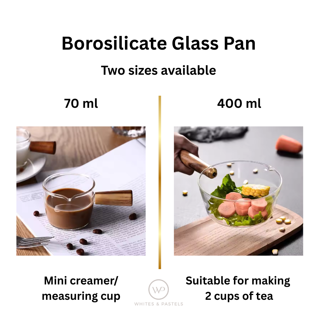 Glass Measurer and Tea Pan with Wooden Handle - 2 sizes (70ml and 400 ml)