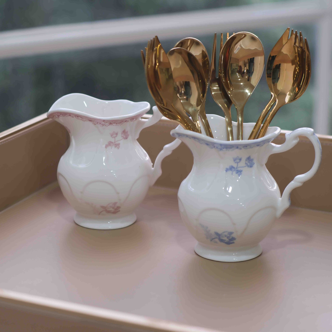 White Porcelain Creamer Jar with Floral Print