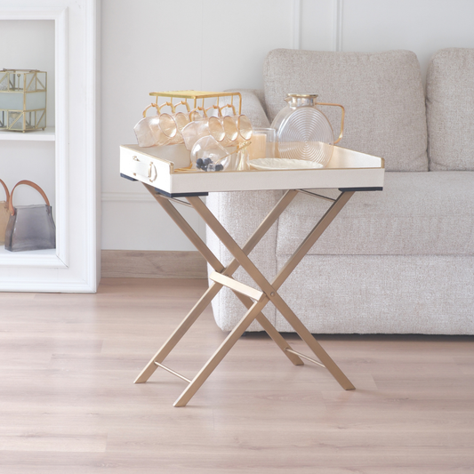 Designer white serving tray table with luxurious gold finish for modern homes