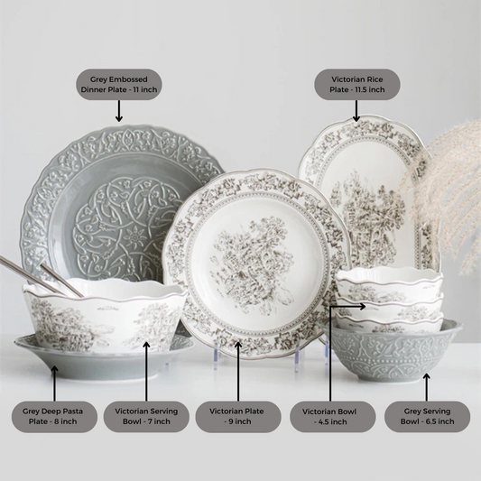 White Victorian Serving Bowl with Grey Vintage Print - 7 inch