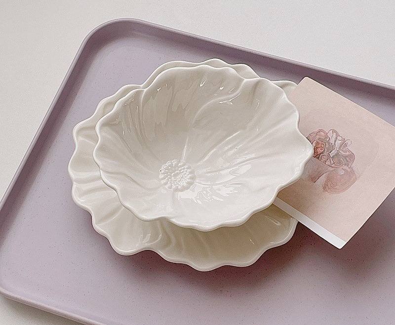 French Ceramic Flower-Shaped Soup Bowl and Snack Plate Set