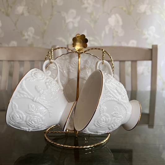 European Cup and Saucer Set - White with Gold Rim