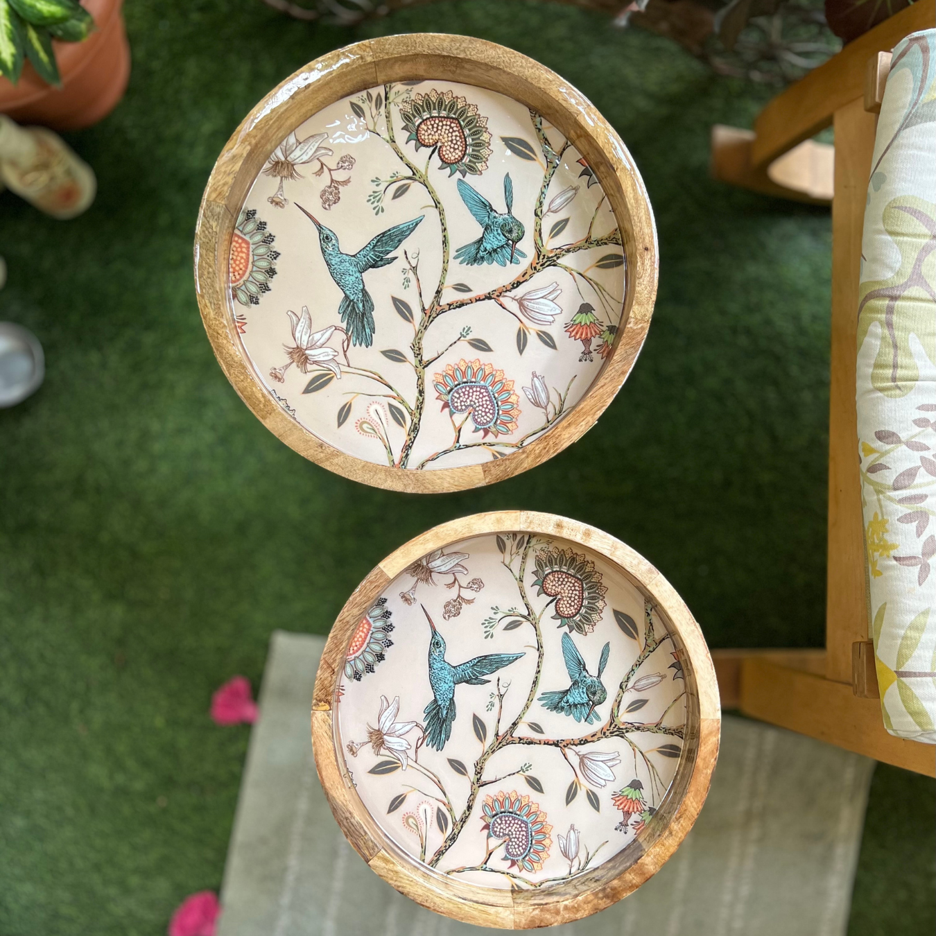 Tray cum Table - Wooden Side Table - Pastel Pink Flower design