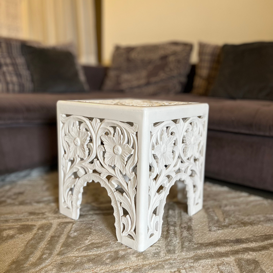 White Carved Wooden Side Table