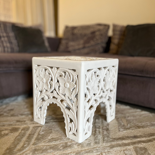 Carved Wooden Side Table - White