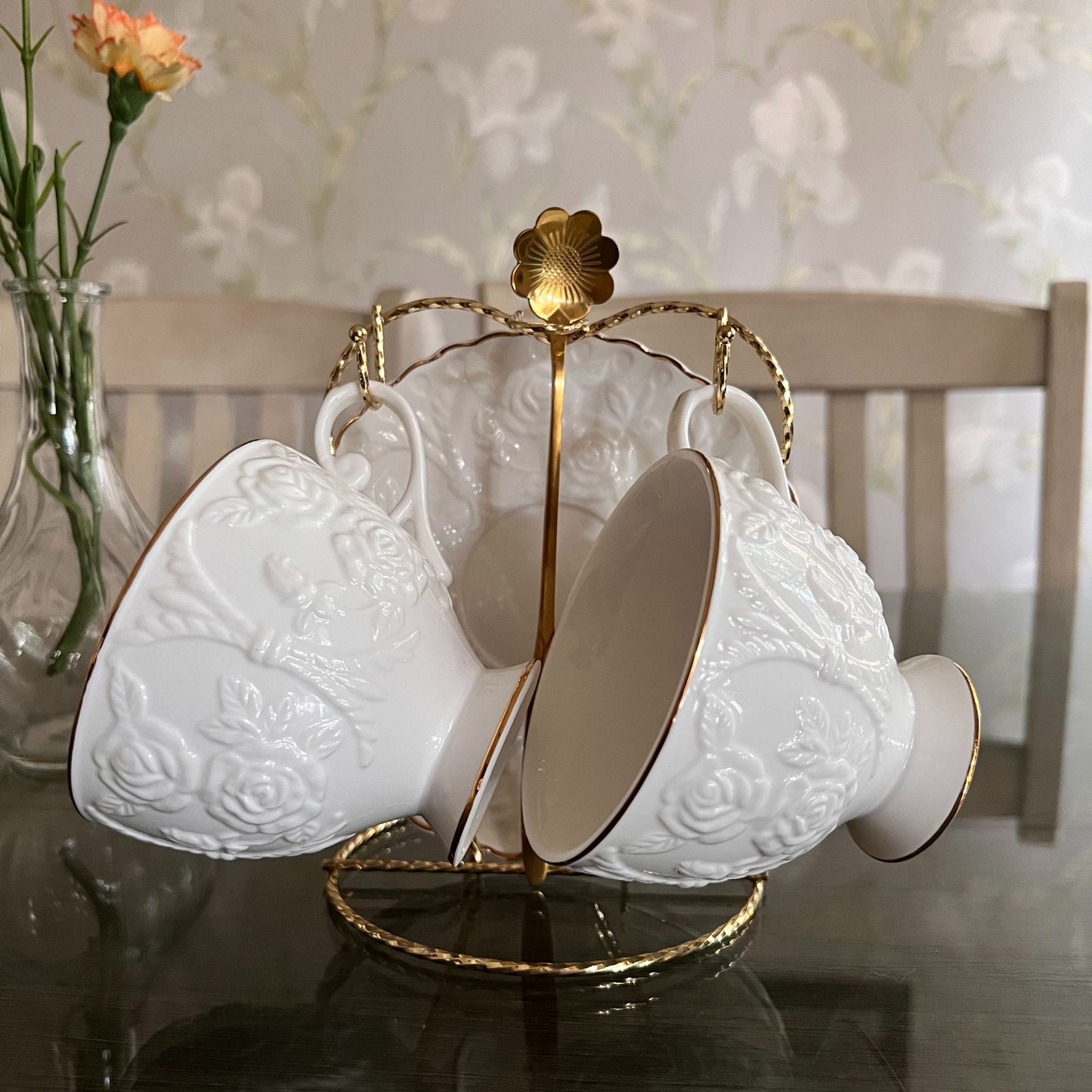 European Cup and Saucer Set - White with Gold Rim