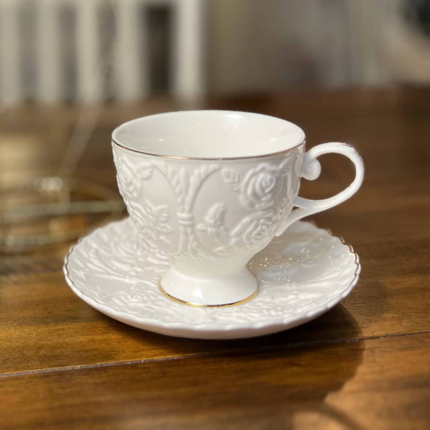 European Cup and Saucer Set - White with Gold Rim