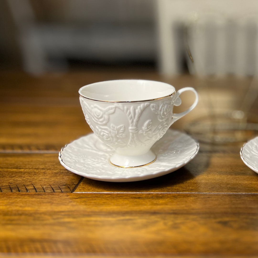 European Cup and Saucer Set - White with Gold Rim