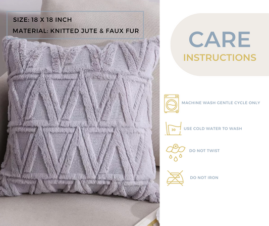 Wool & Fur Cushion Cover - Grey - 18x18 inch