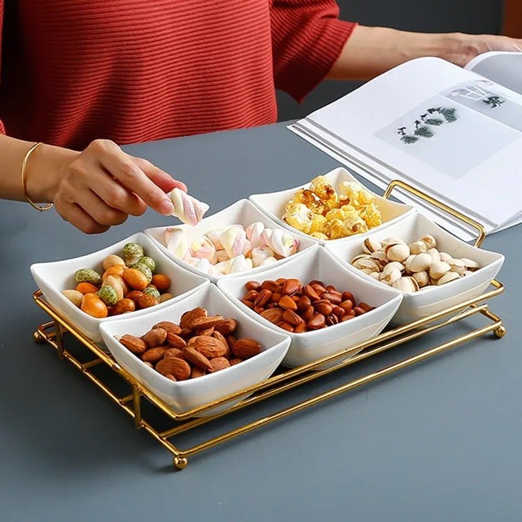 Serving Bowls with Golden tray Set of 6 Whites & Pastels