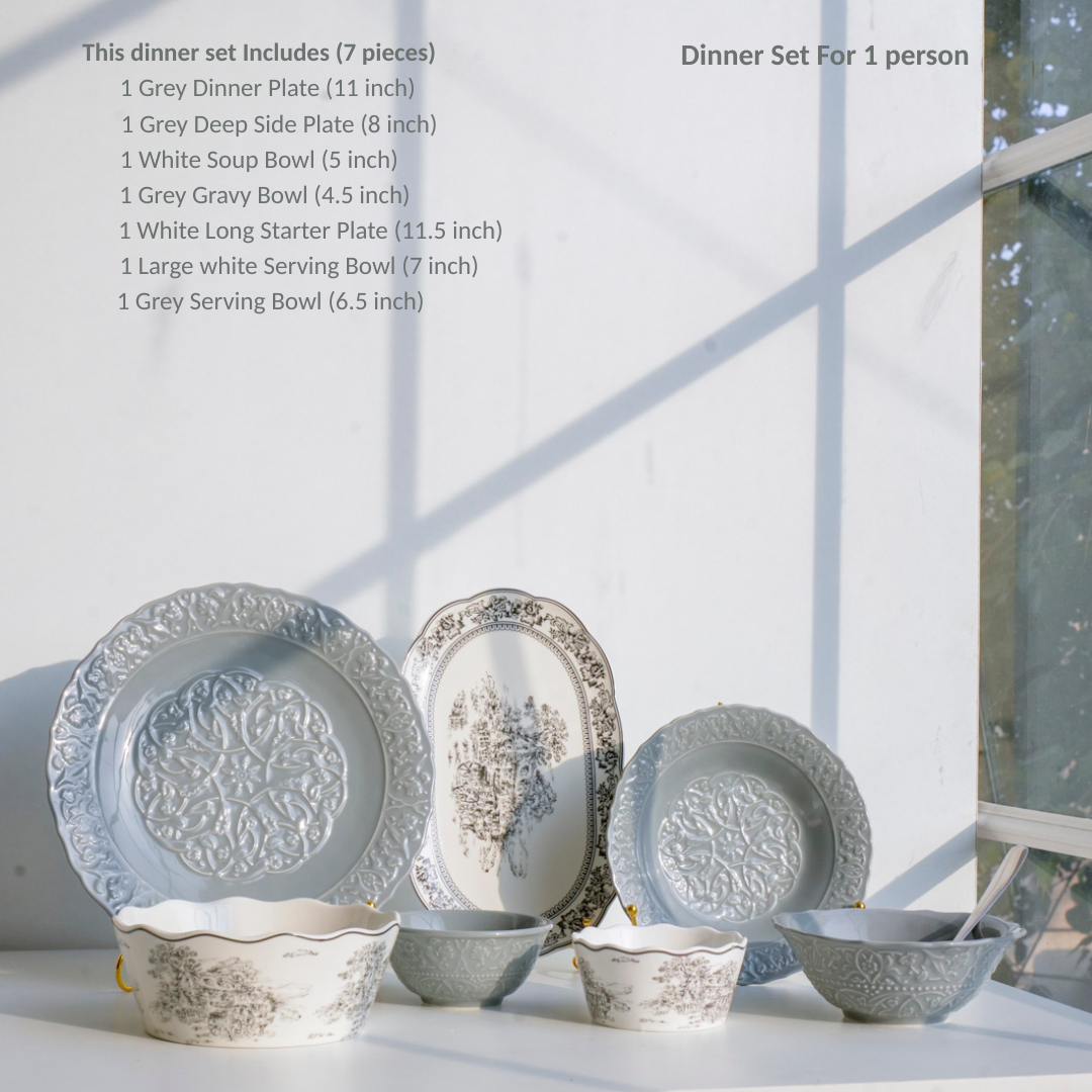 Luxury Ceramic Dinner Set of 28 Pieces for 6 people | Embossed & Victorian Design