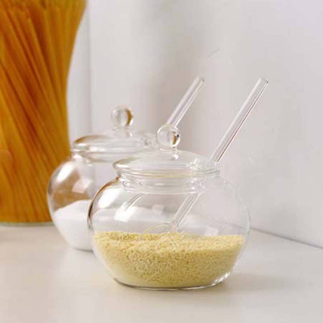 Luxury Glass Ghee Jar & Sugar Pot with Lid & Spoon – 300ml Borosilicate