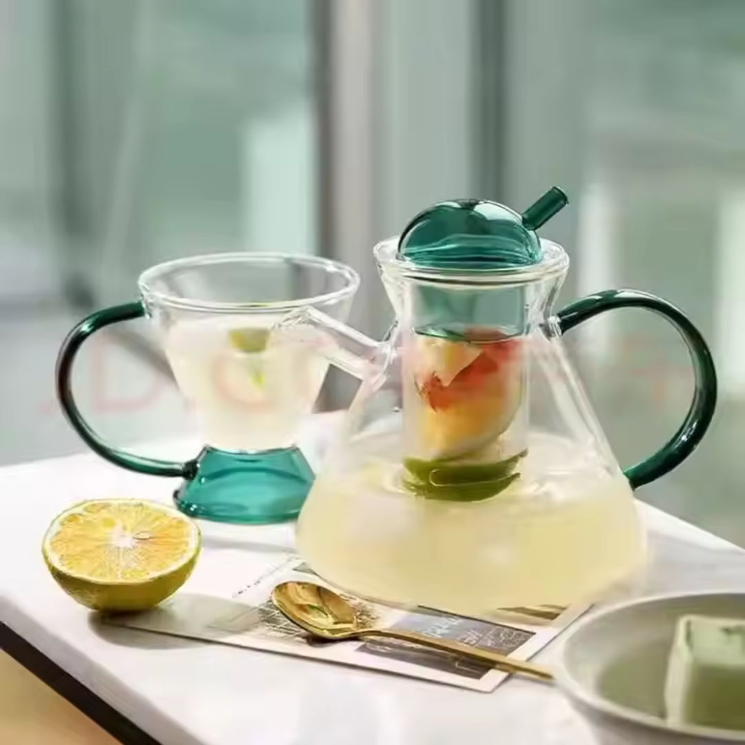 Green Borosilicate Glass Teapot Set – Luxury Heat Resistant Glass Teapot with 2 Cups (Set of 3)