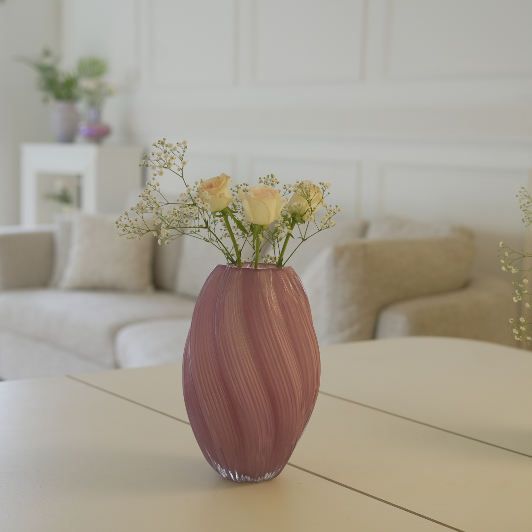 Luxury Glass Vase with Wave Pattern – Lime Yellow & Dusty Pink
