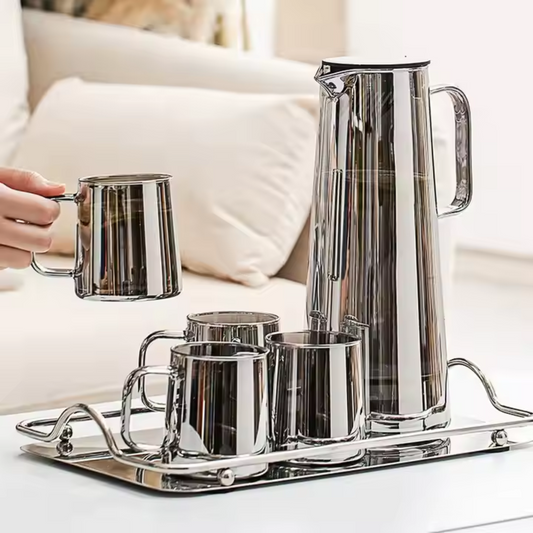Dark Grey Borosilicate Glass Jug & Cup Set – 1 Jug + 6 Handled Cups | 1800 ml Carafe + 300 ml Cups | Microwave & Dishwasher Safe