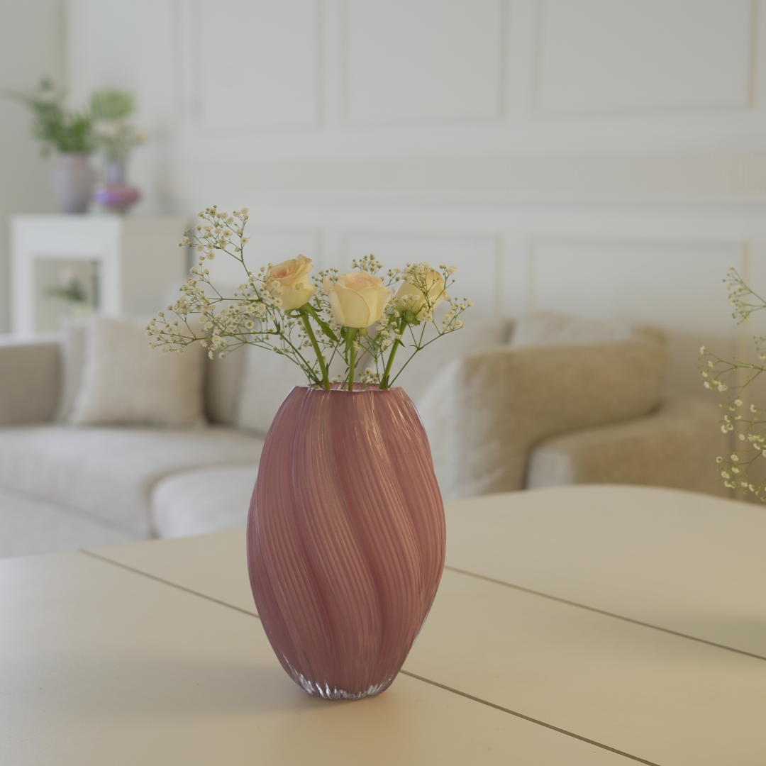 Luxury Glass Vase with Wave Pattern – Lime Yellow & Dusty Pink