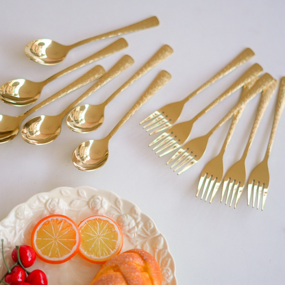 Gold Textured Cutlery Set – 12 Pcs (6 Forks + 6 Spoons) | Luxury Stainless Steel Flatware