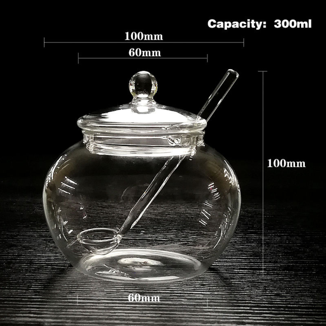 Luxury Glass Ghee Jar & Sugar Pot with Lid & Spoon – 300ml Borosilicate