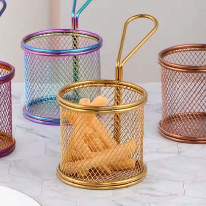 Mini Stainless Steel Snack Basket with Handle – Gold & Silver | Frying & Serving Basket for Finger Food