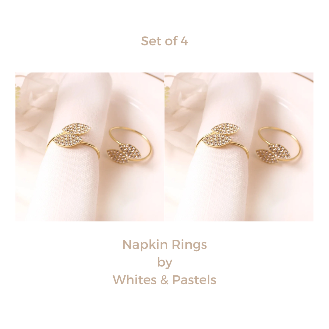 Metal Napkin Rings - Sleek Gold leaf with Stonework – (Set of 4/6/8) Elegant & Classy Design, Perfect for Gifting