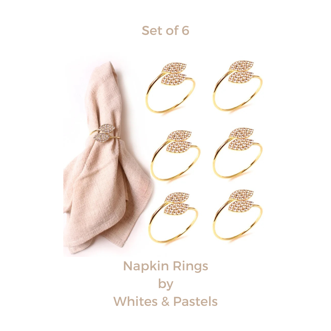 Metal Napkin Rings - Sleek Gold leaf with Stonework – (Set of 4/6/8) Elegant & Classy Design, Perfect for Gifting