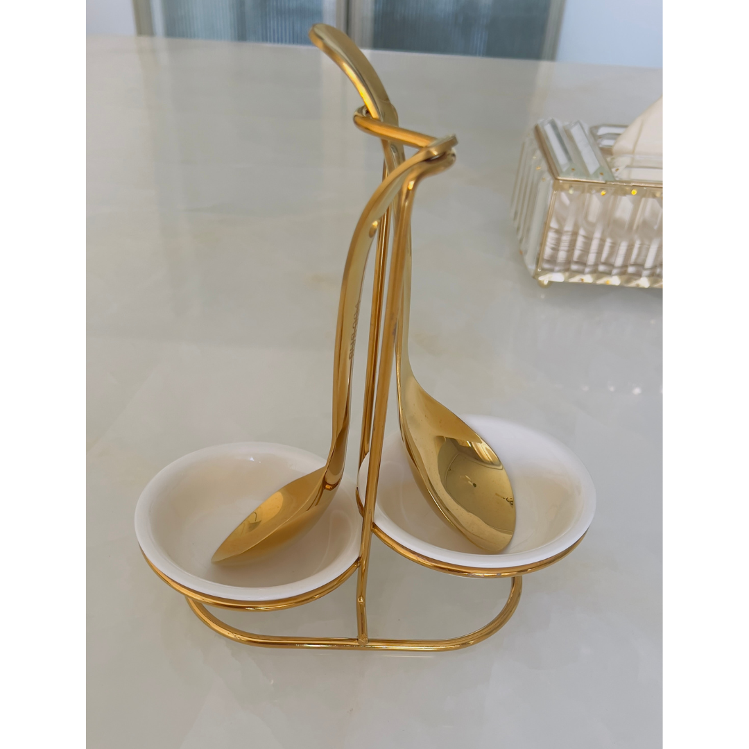 Double Stand for Serving Spoon - Gold & Silver (Ceramic Bowl included)