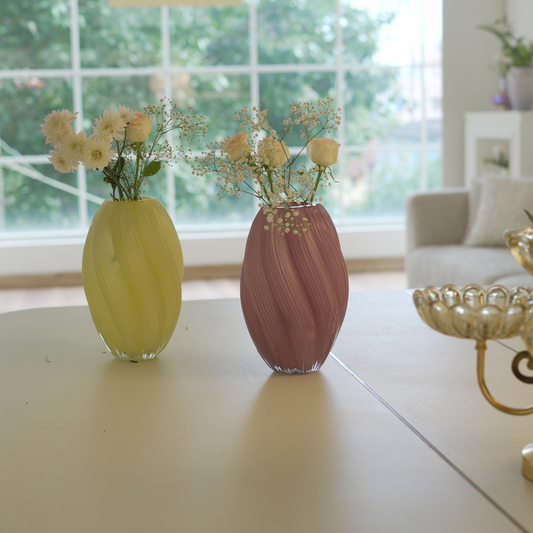 Luxury Glass Vase with Wave Pattern – Lime Yellow & Dusty Pink