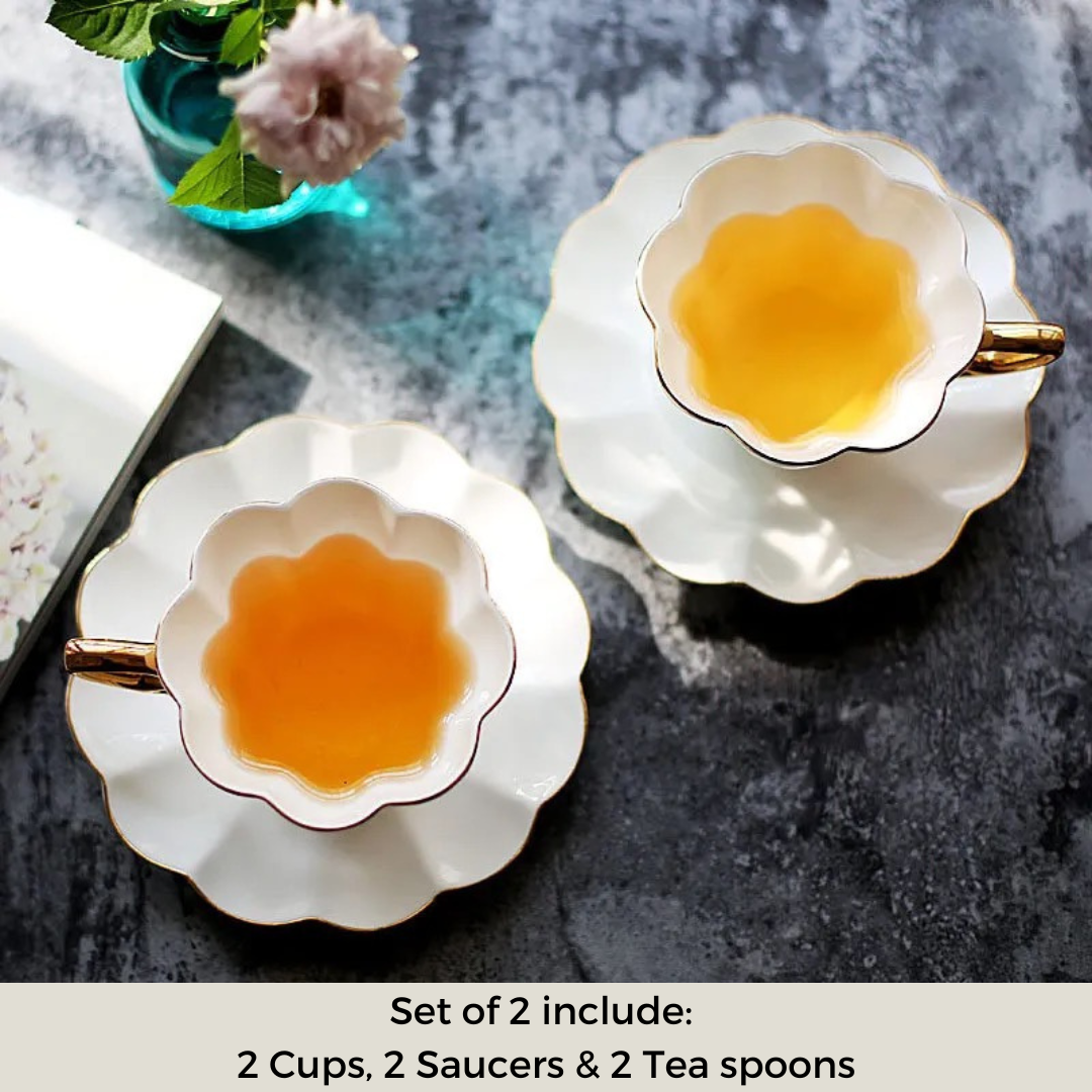 Flower White and Gold Tea Cup and Saucer Set - High-Quality Porcelain