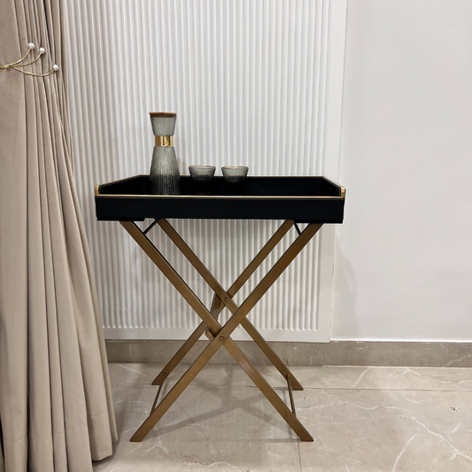 Bar Tray Table with Foldable legs - Faux Leather & Metal Stand