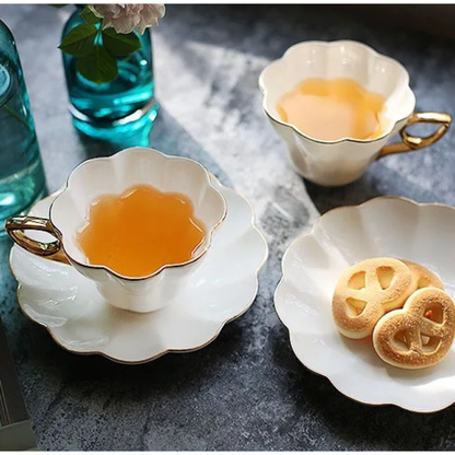 Flower Shaped Porcelain Tea Cup & Saucer with Gold Rim – Set of 1 / 4 / 6