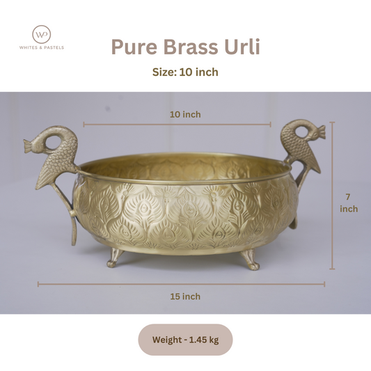 Handcrafted Gold Brass Urli with Peacock Handles | Chitai Work (10 & 12 Inch)