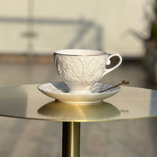 European Cup and Saucer Set - White with Gold Rim