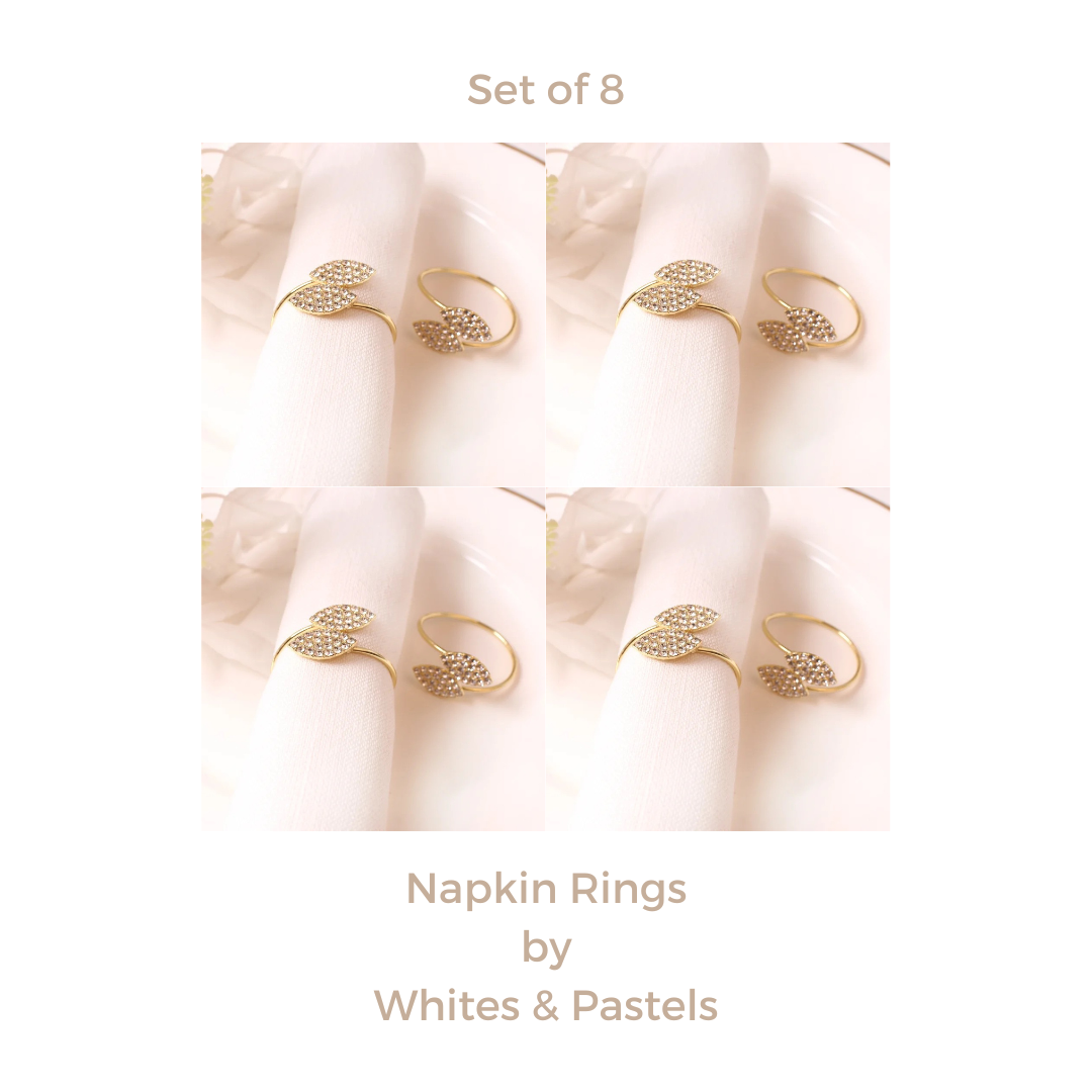 Metal Napkin Rings - Sleek Gold leaf with Stonework – (Set of 4/6/8) Elegant & Classy Design, Perfect for Gifting