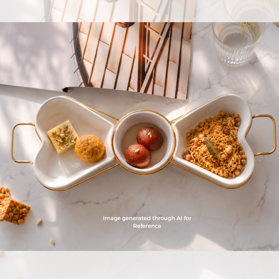 Luxury white ceramic snack tray with heart shaped bowls and centre Sweet Bowl