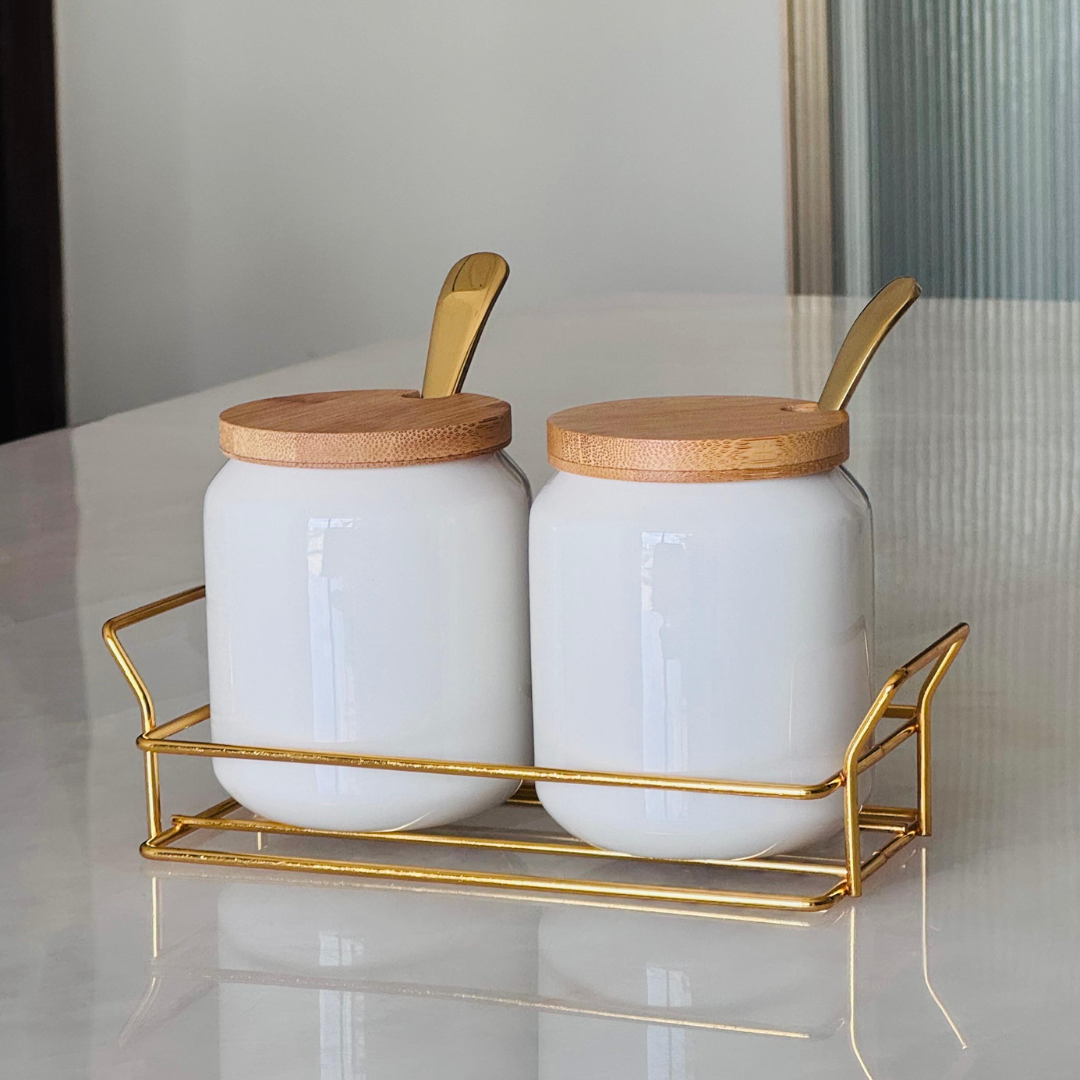 Porcelain Condiment Jar Set – White & Gold