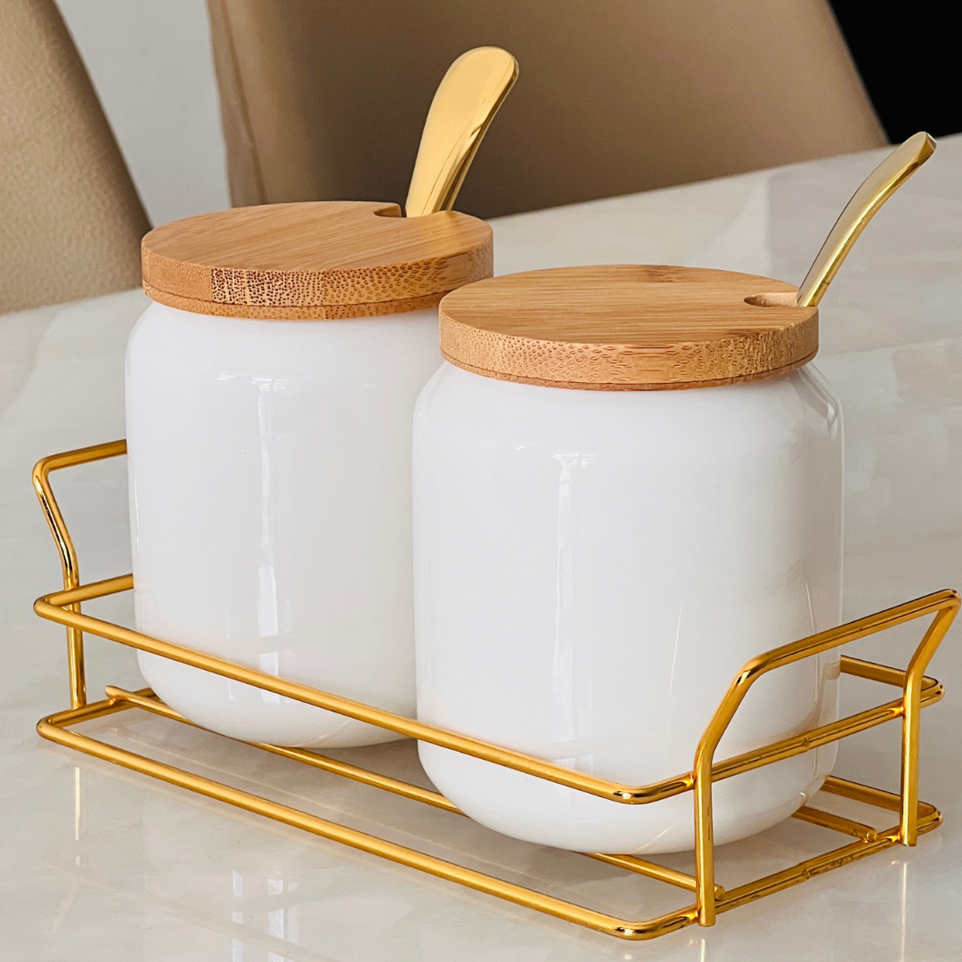 Porcelain Condiment Jar Set – White & Gold