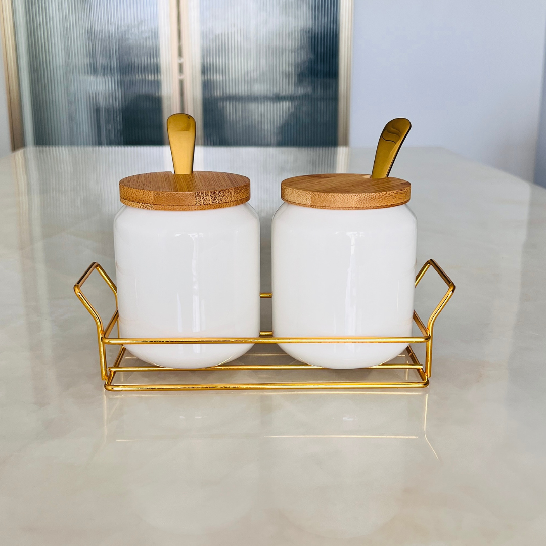 Porcelain Condiment Jar Set – White & Gold