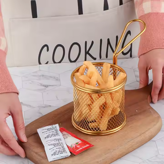 Mini Stainless Steel Snack Basket with Handle – Gold & Silver | Frying & Serving Basket for Finger Food