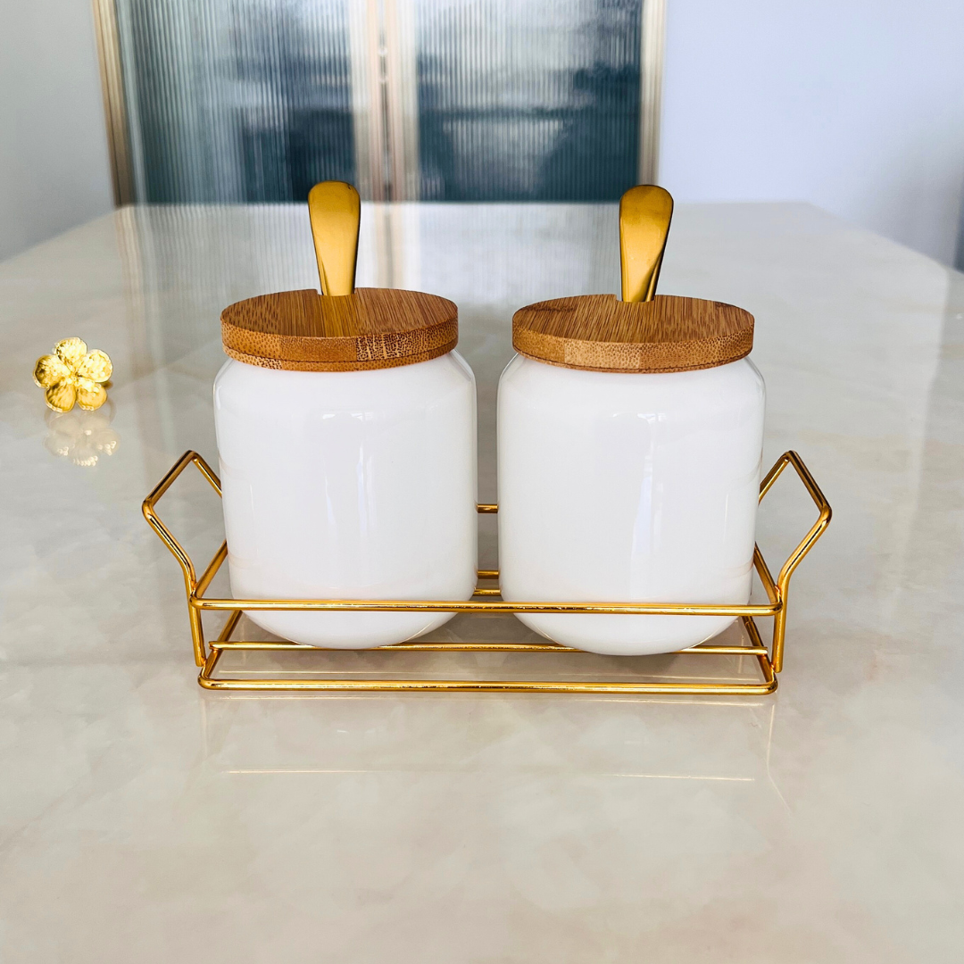 Porcelain Condiment Jar Set – White & Gold