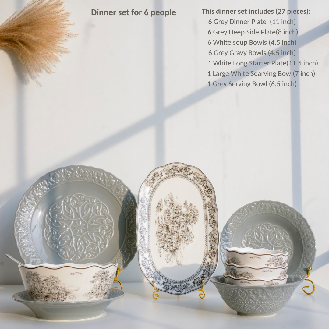 Luxury Ceramic Dinner Set of 28 Pieces for 6 people | Embossed & Victorian Design