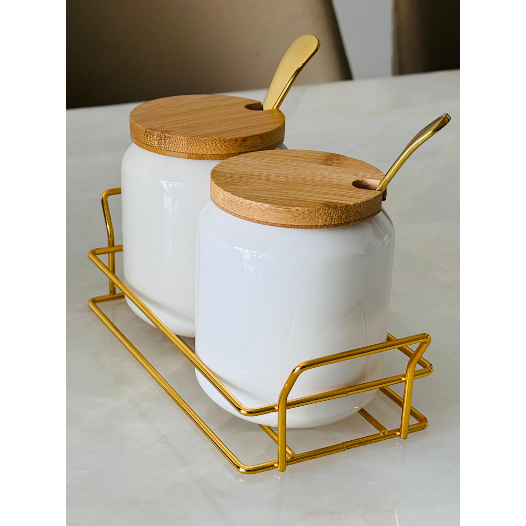 Porcelain Condiment Jar Set – White & Gold