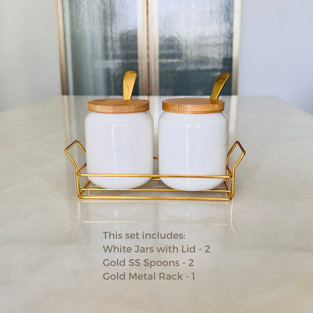 Porcelain Condiment Jar Set – White & Gold