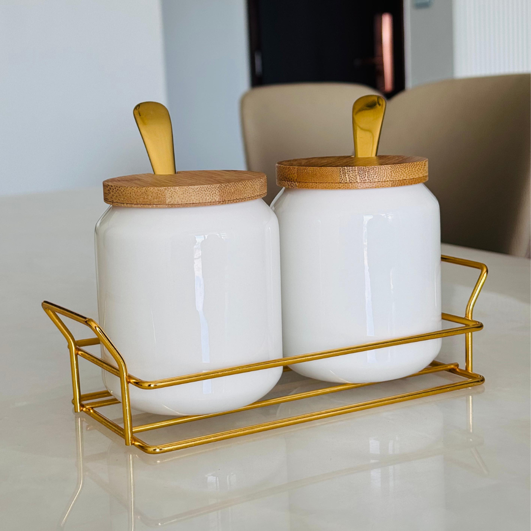 Porcelain Condiment Jar Set – White & Gold