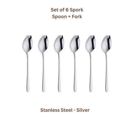 Set of 6 Spork - Spoon plus Fork - Stainless Steel - Gold Silver