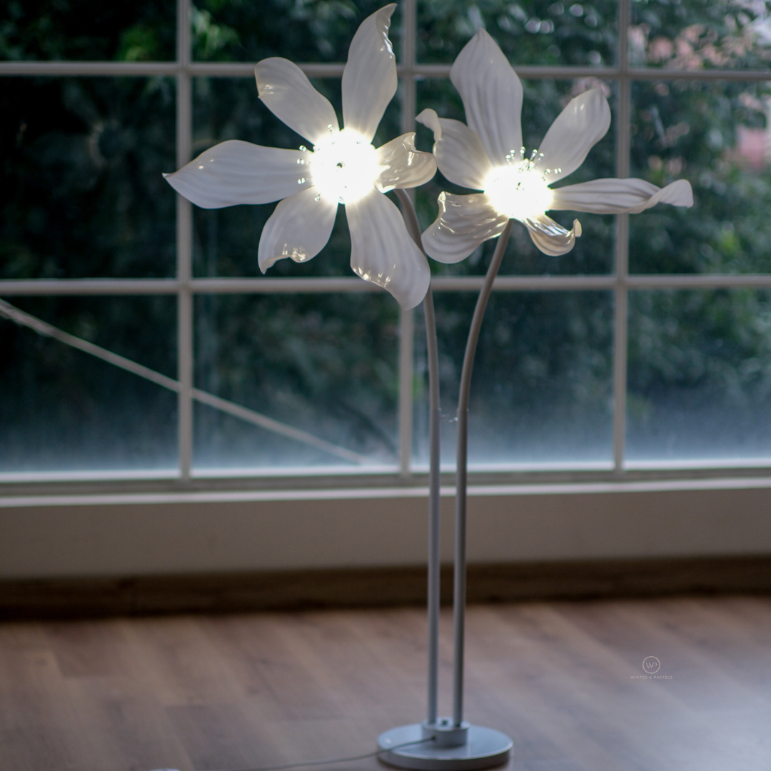 Decorative white floral LED floor lamp for living room and bedroom.